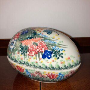 Polish Pottery Flowers and Dragonfly Egg-Shaped Large Trinket Box T Liana Unikat